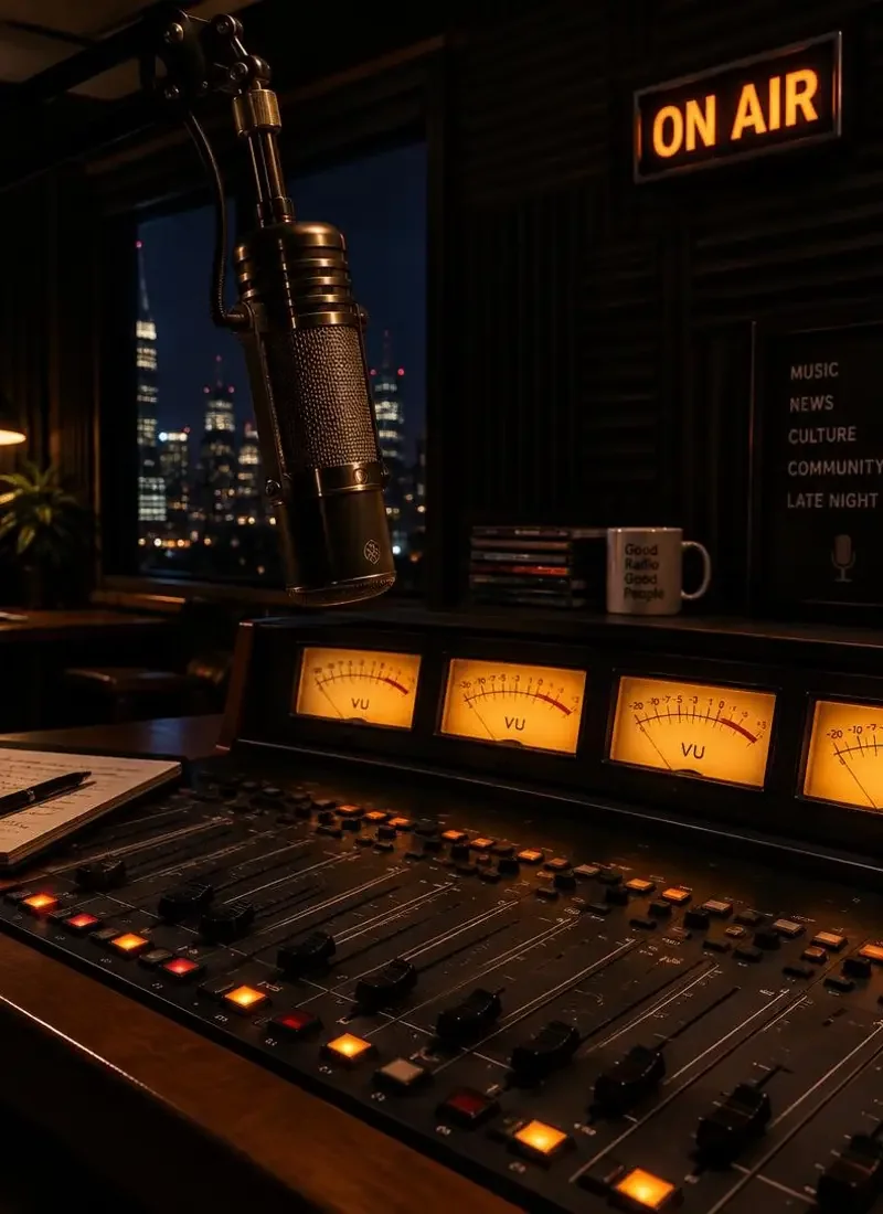 夜班电台（Night Shift Radio）主视觉，凌晨三点的电台，一个只会讲真话的主持人。