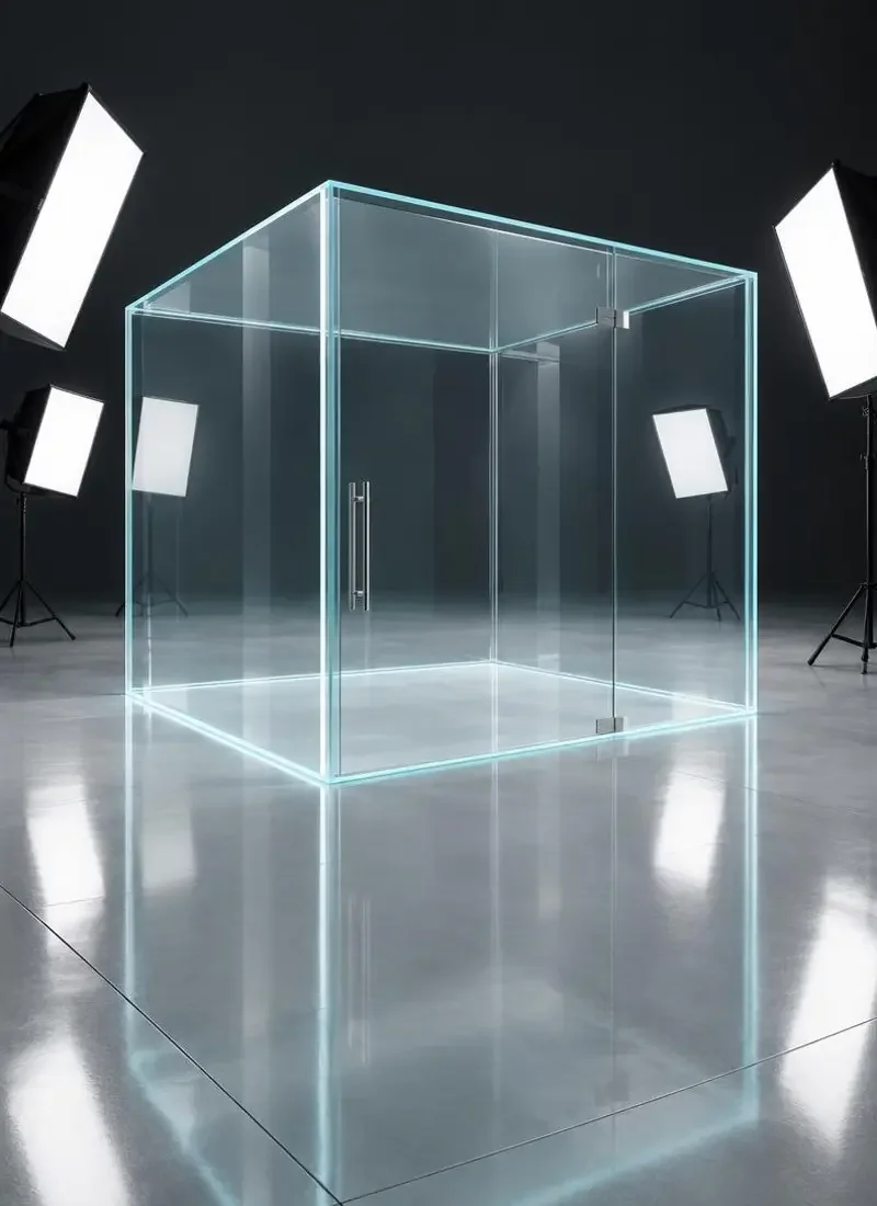 玻璃房间（The Glass Room）主视觉，全片一镜到底，一间玻璃房里的六个人。