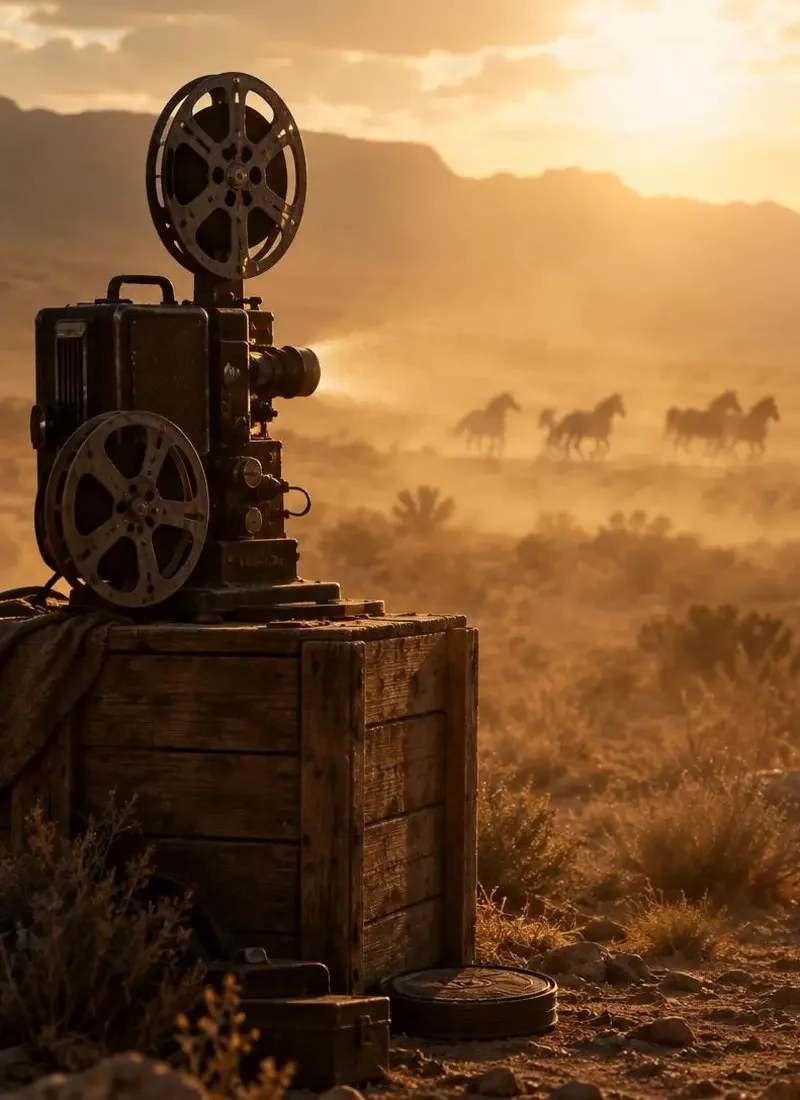 尘与野马（Dust and Wild Horses）主视觉，戈壁上的一个牧民，一群野马，和一台老放映机。